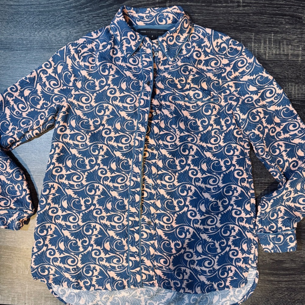 Marc by Marc Jacobs Blue Peach 100% Silk Baroque Scroll Button Up Shirt Size 2
